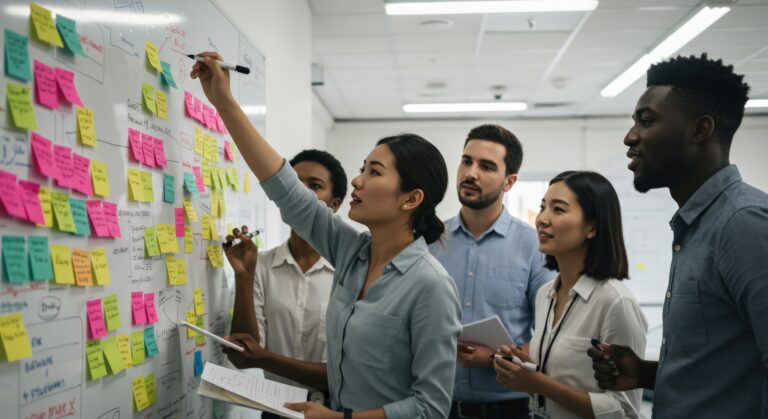 Diverse mid-market team in collaborative AI ideation session around white board